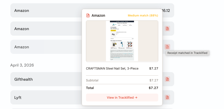 Tracklified matching Amazon charges to receipts
