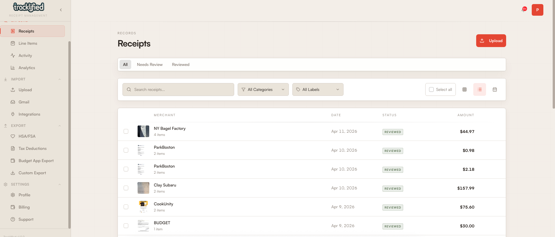 Tracklified receipt list